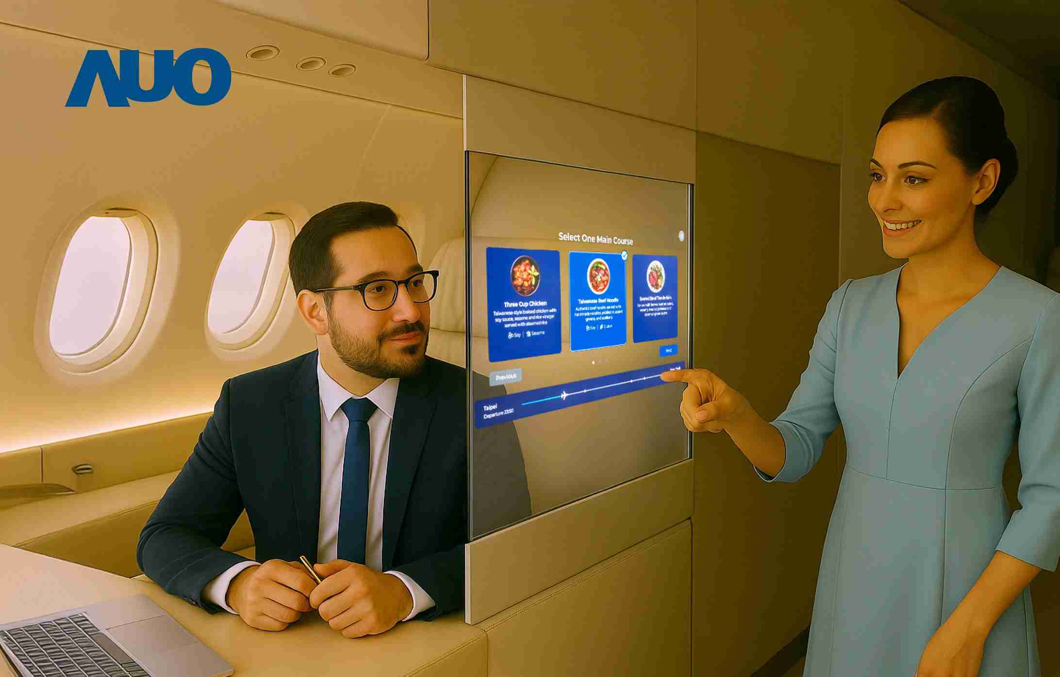 赏金国际研发全球最薄17.3 吋双面透明 Micro LED 显示器，，，可在同一屏幕之双边投射不同信息，，，，创造独特的”透明化”互动；图为实时翻译交流应用情境